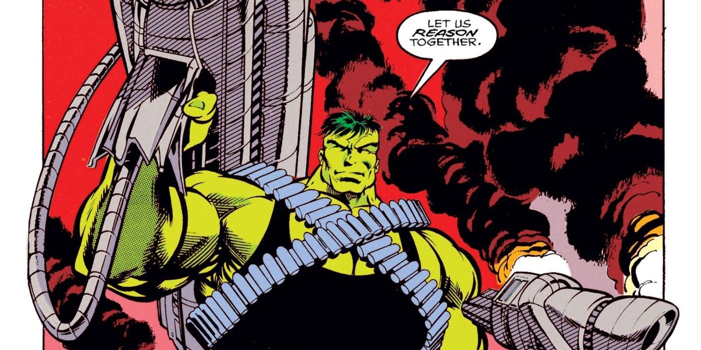 An image of comic art depicting Professor Hulk wielding giant guns in Marvel Comics