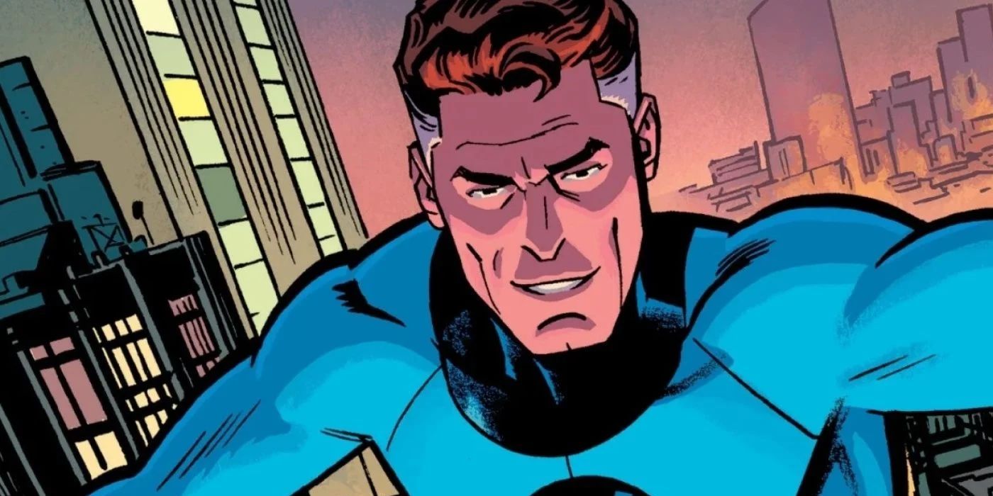 Reed Richards as Mr. Fantastic against a city background