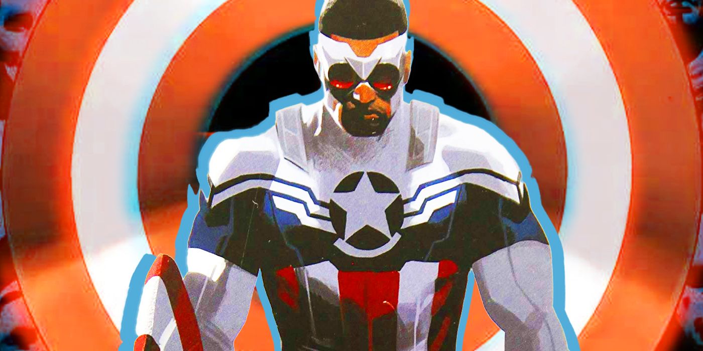 Sam Wilson as Captain America in front of the Shield