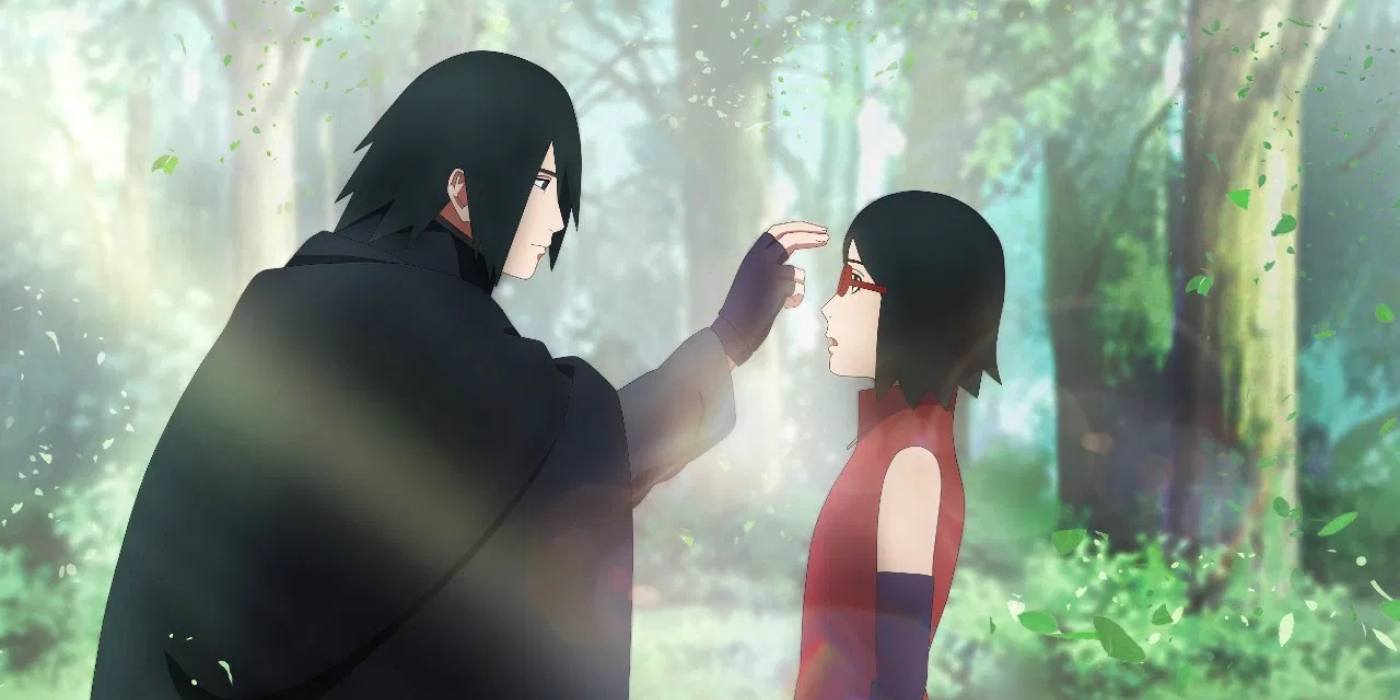 Sasuke tapping Sarada's forehead in Boruto.
