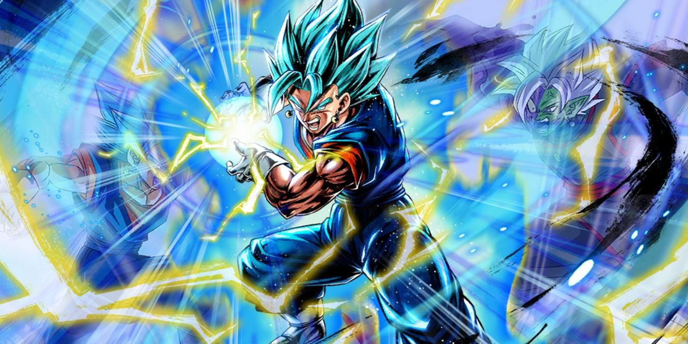 Super Saiyan Blue Vegito — Goku and Vegeta fused with the Potara earrings — firing a Kameha blast