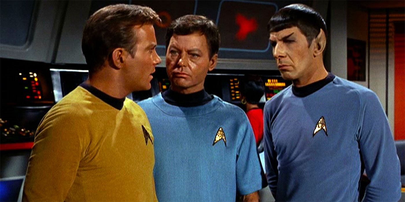 William Shatner as Captain Kirk, DeForest Kelley as Dr. McCoy and Leonard Nimoy as Spock in Star Trek