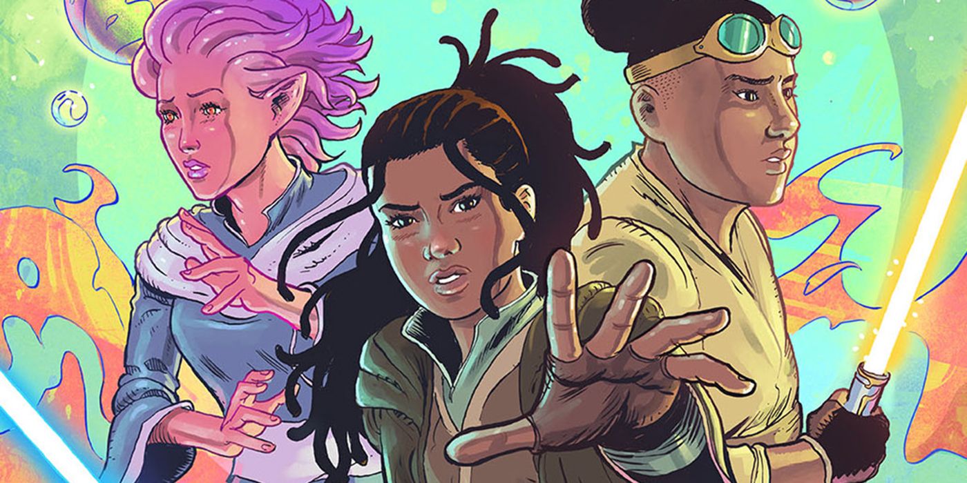From left to right, Zeen Mrala, Lula Talisola, and Ram Jomaram in Star Wars: The High Republic Adventures Free Comic Book Day preview. They all look concerned by unseen enemies.
