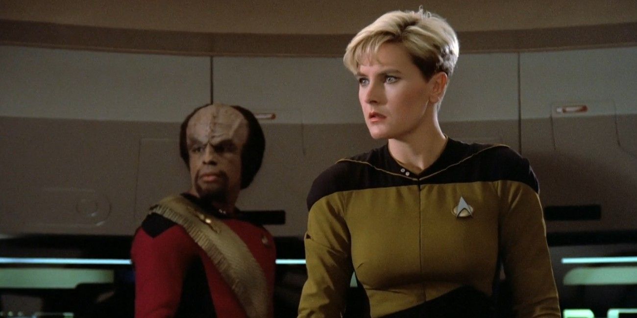 Tasha Yar and Worf appear shocked while on board the Enterprise