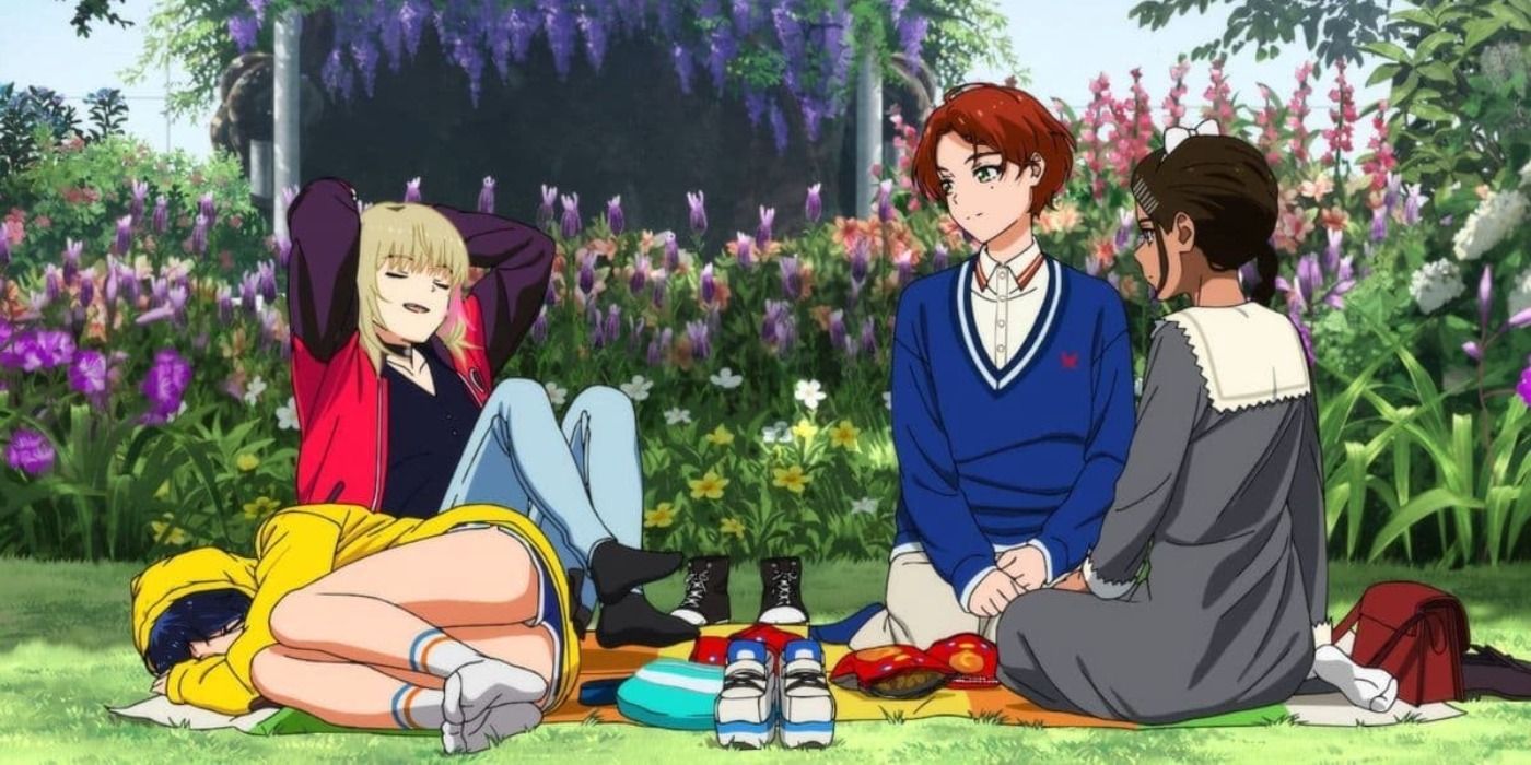 The main characters from Wonder Egg Priority having a picnic.