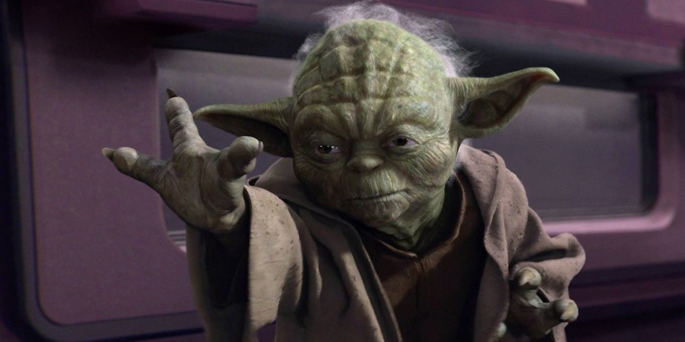 Yoda extends his hand to use the Force in the Star Wars prequels