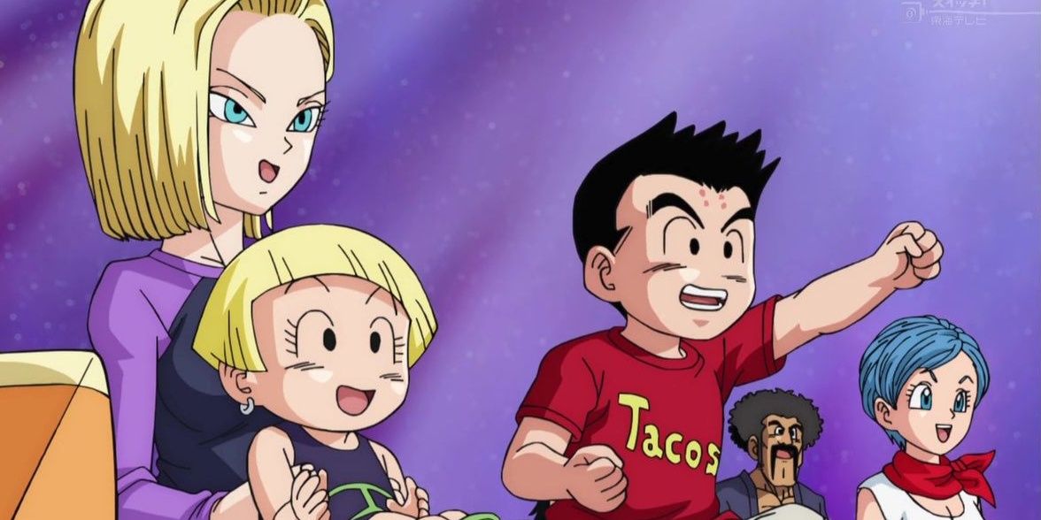 Android 18, Marron and Krillin cheer from the crowd during a tournament in Dragon Ball Super