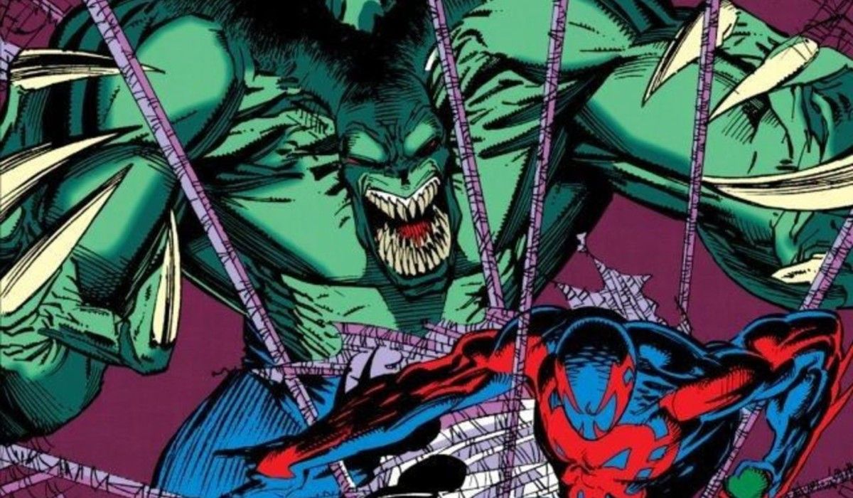 The cover of 2099 Unlimited #1 shows Hulk 2099 looming behind Spider-Man 2099