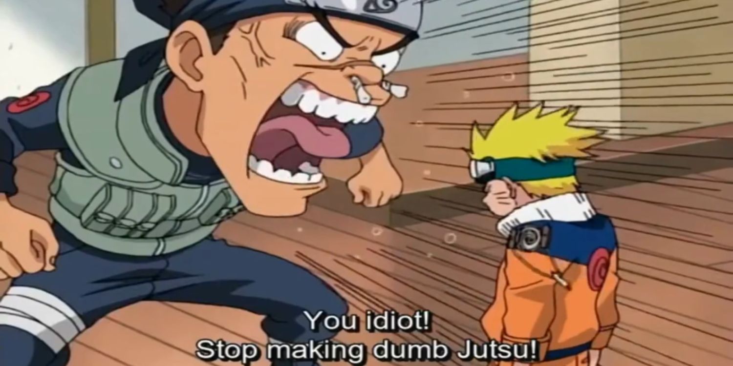 Naruto getting scolded by Iruka for making dumb jutsu
