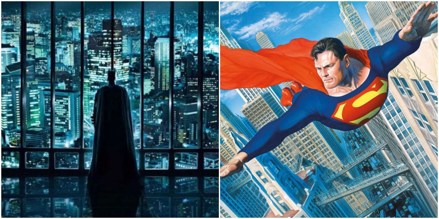 a split image of batman looking over gotham and superman looking over metropolis