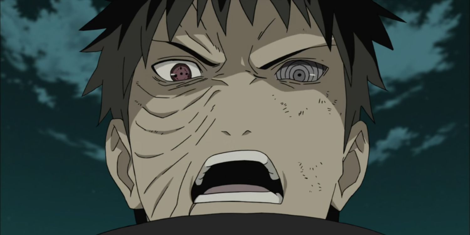 Obito Uchiha shouting in Naruto.