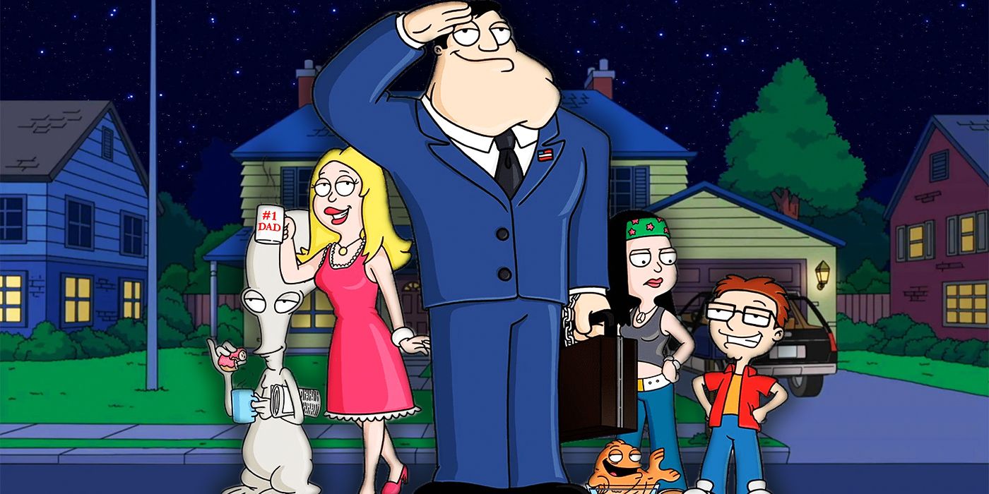 American Dad family in front of their house.