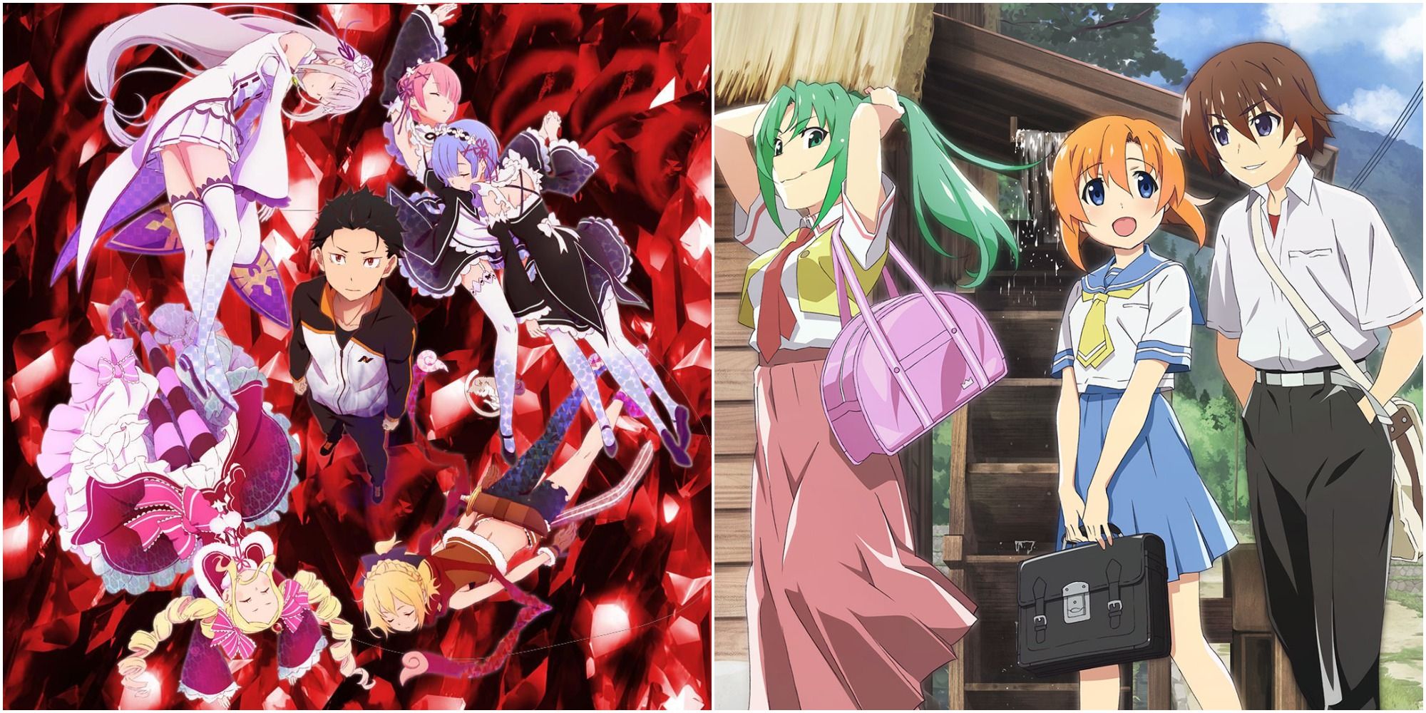 Anime Love Triangles Re Zero Cover Art And Higurashi Rena Mion And Keiichi Walking To School