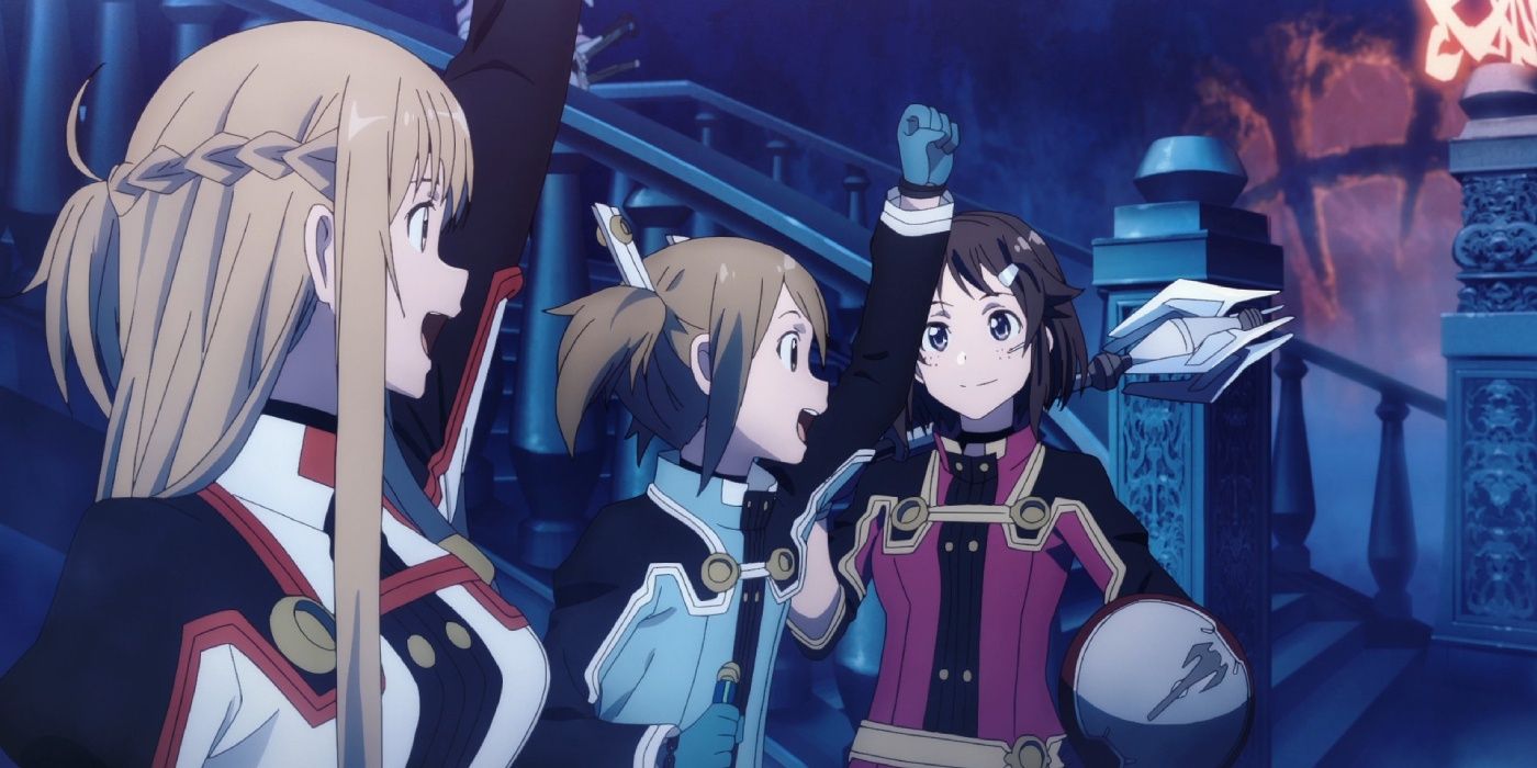 Asuna, Silica, and Lisbeth talk with excitement during Ordinal Scale, SAO