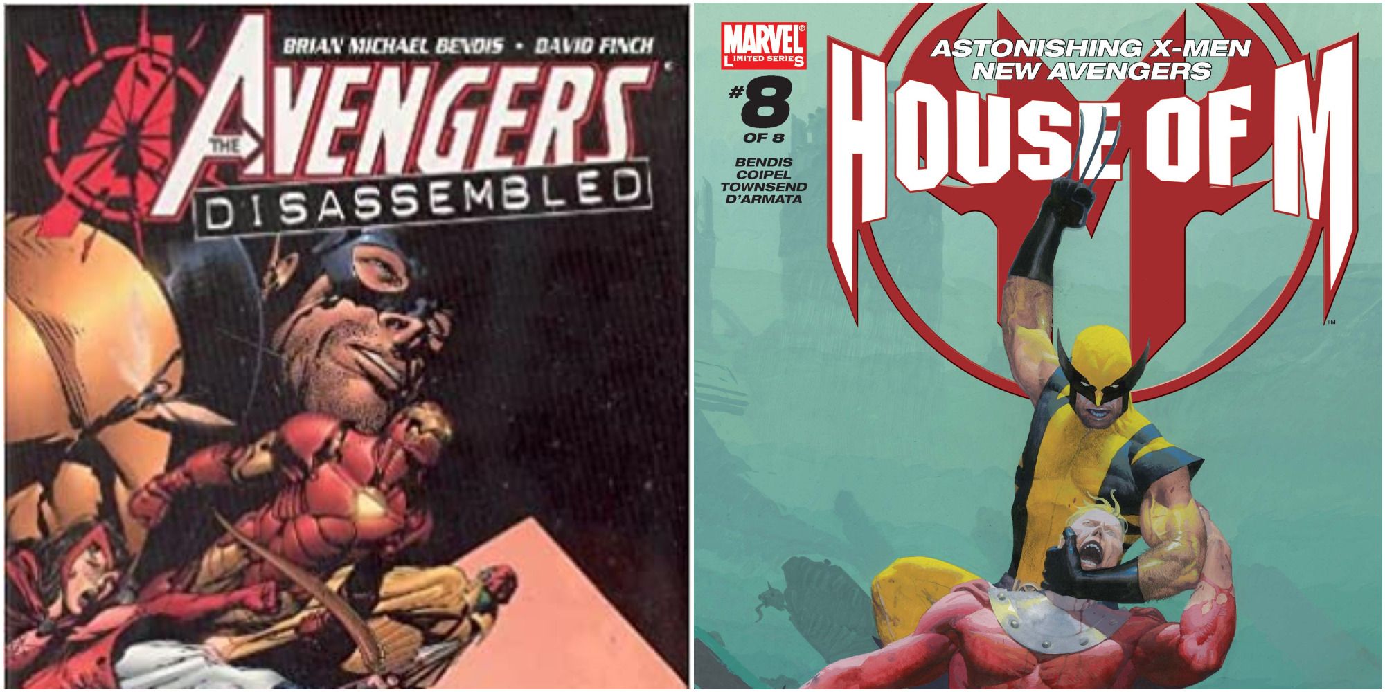 A split image of comic covers for Avengers Disassembled and House Of M