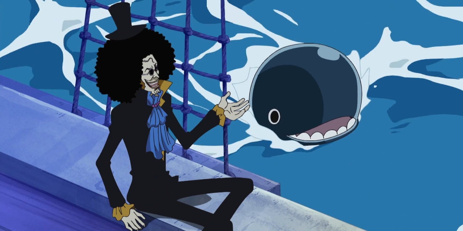 Brook when he was alive with a small Laboon in One Piece.