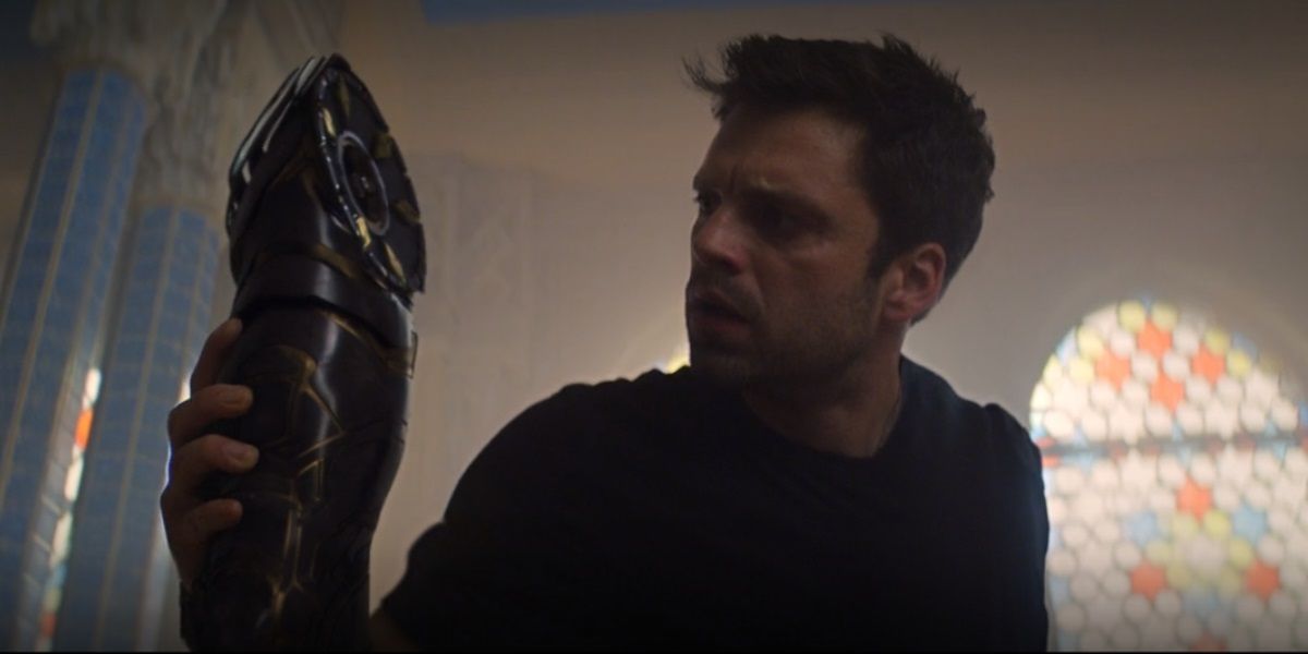 Bucky in shock over his arm being removed by Ayo in Falcon and the Winter Soldier