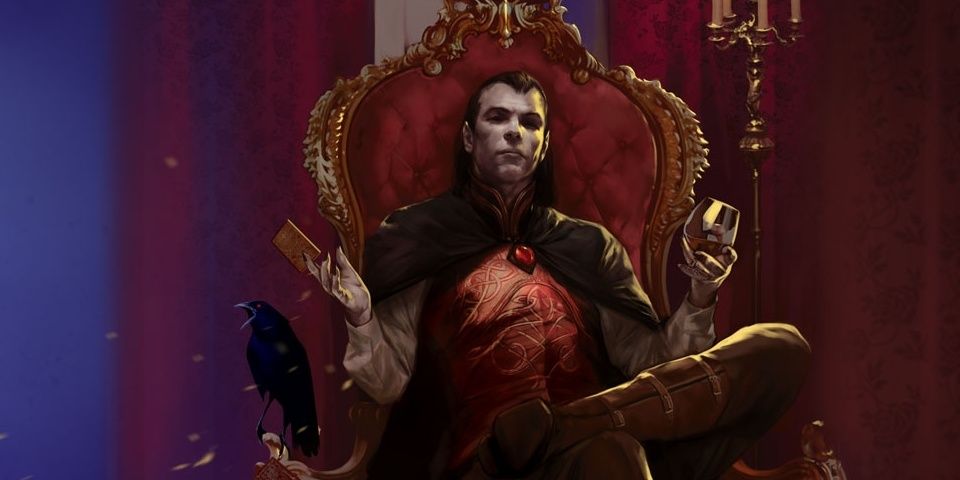 Strahd von Zarovich sitting with a glass on the cover of Curse of Strahd premade DnD campaign