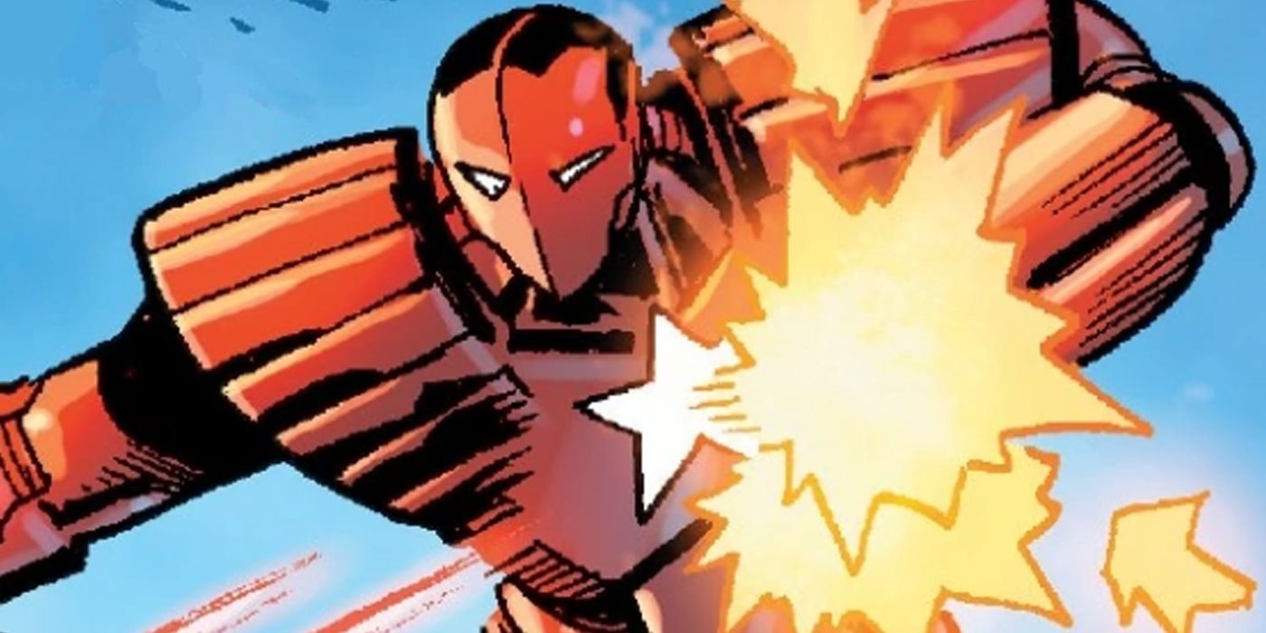 The Crimson Dynamo Mark VII armor firing its weapons in Marvel Comics