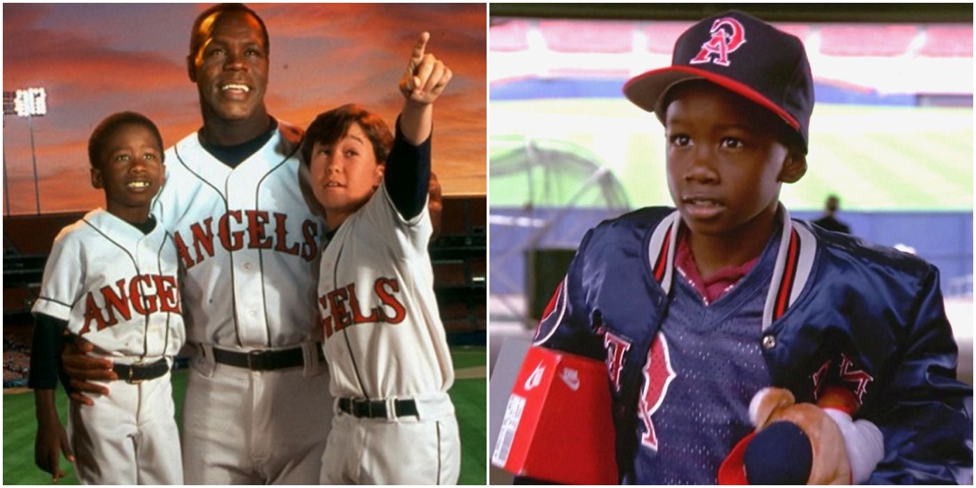 a photo collage of promotional images for angels in the outfield including milton davis jr, danny glover, and joseph gordon-levitt