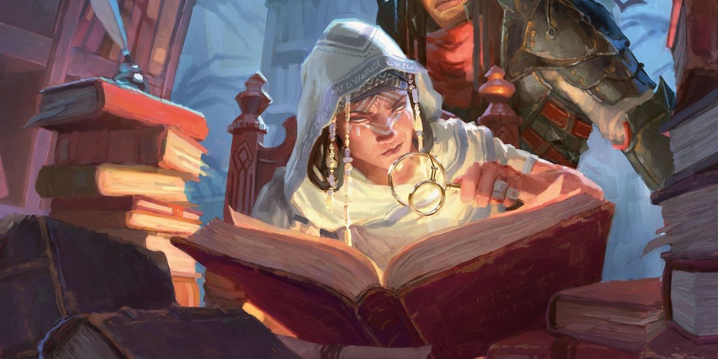 A woman studies a tome in a library in dnd