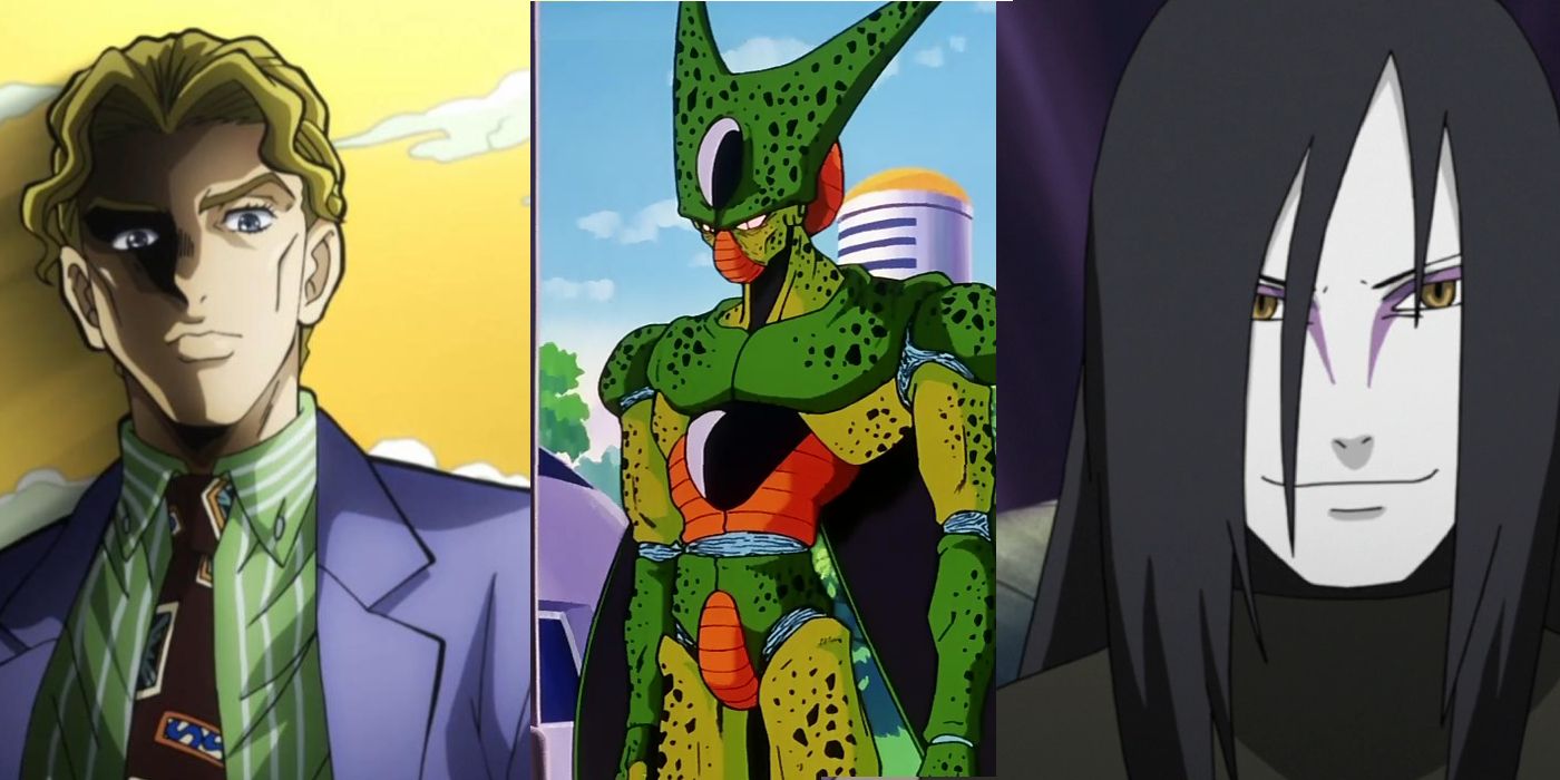 a split image with a still from jojo on the left, dragon ball in the middle, and naruto on the right