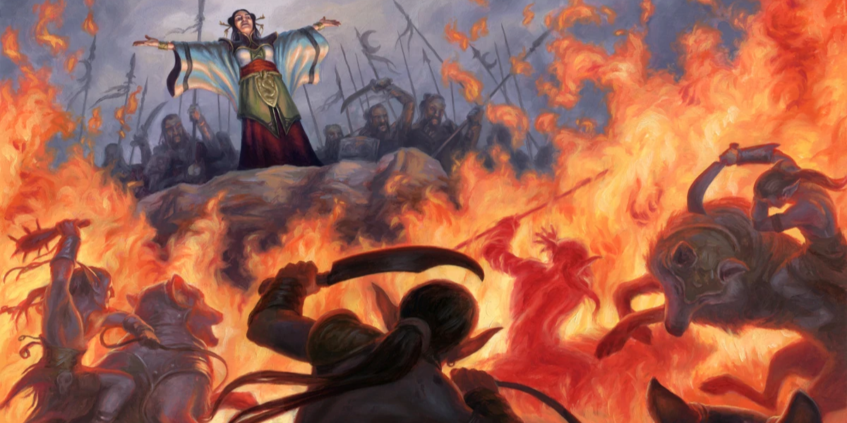 A mage casts Wall of Fire at a horde of monsters in DnD.