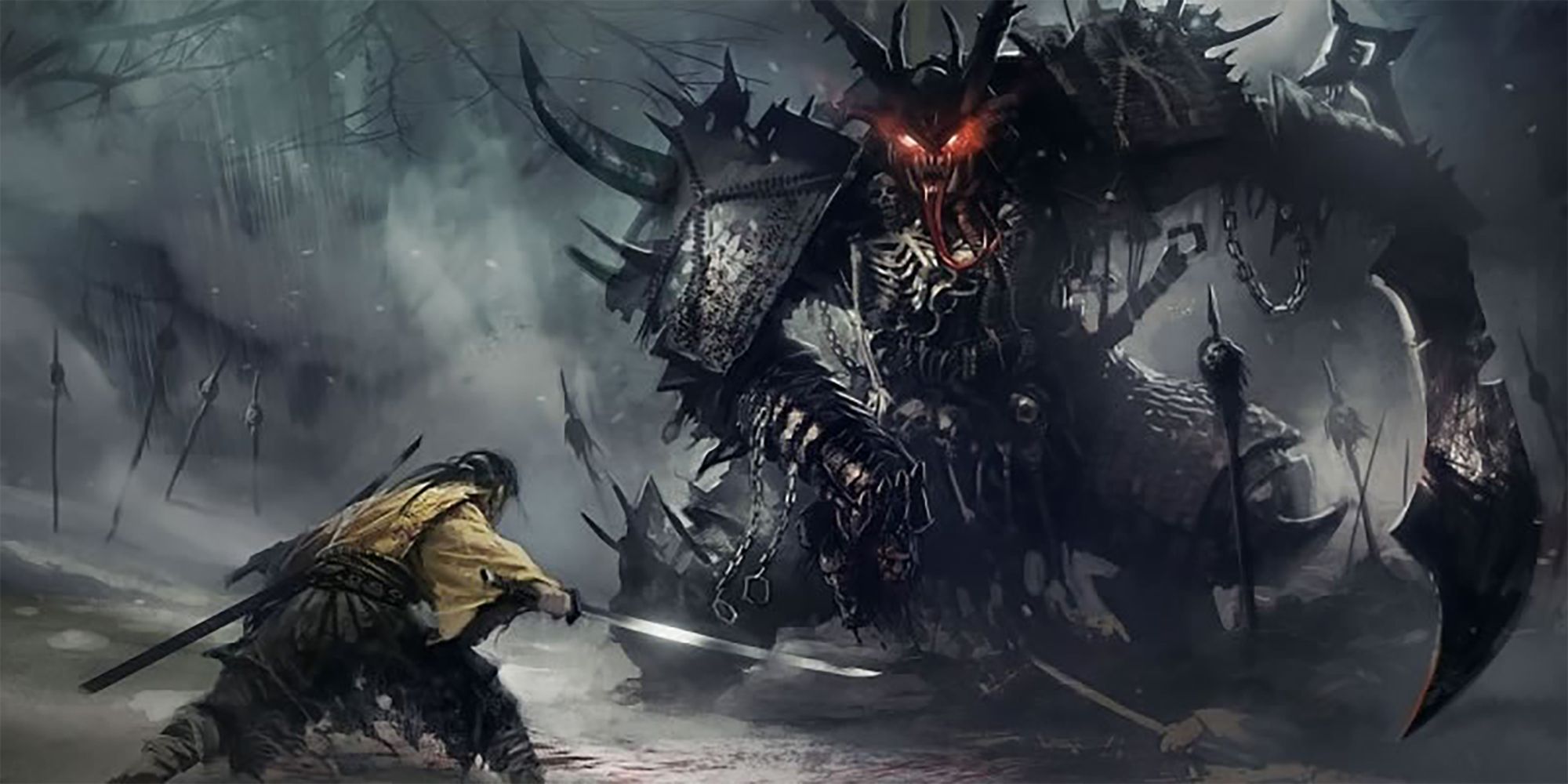 A samurai facing off against a giant monster