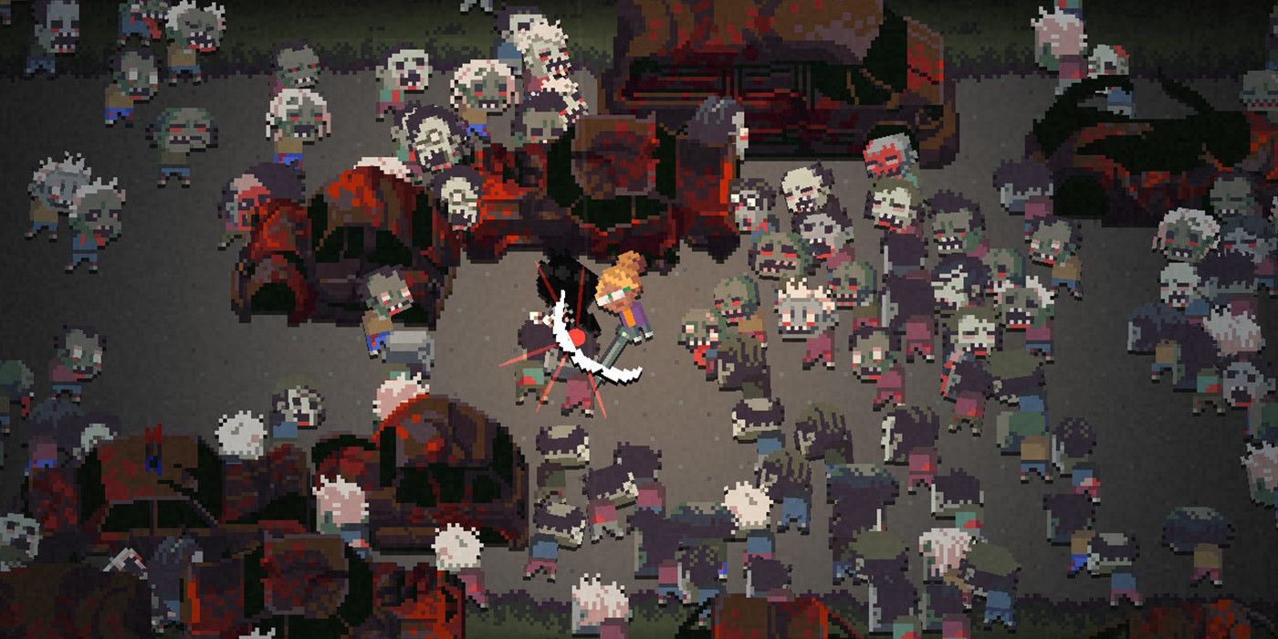 Death Road to Canada gameplay; a zombie horde attacking.