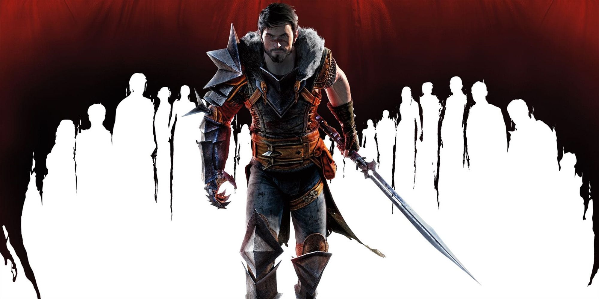 A male Hawke in Dragon Age II advances, sword in hand.