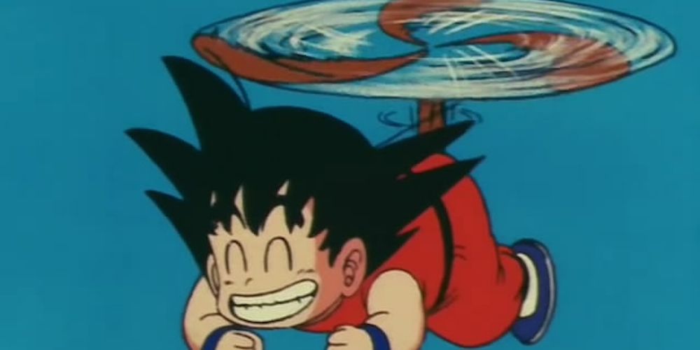 Kid Goku flies with Tail-Helicopter Technique in Dragon Ball