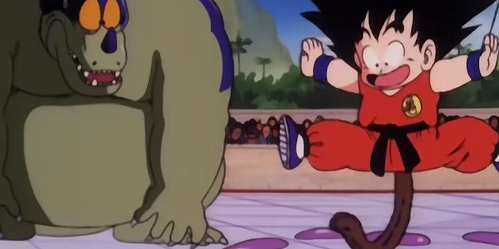 Kid Goku uses his Tail Balance against Giran in Dragon Ball.