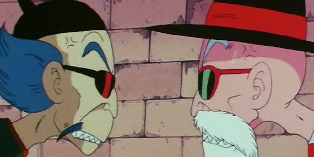 Master Shen and Master Roshi glare each other down in Dragon Ball