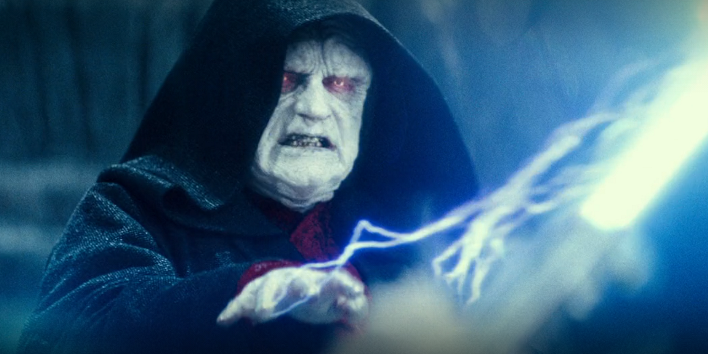 Emperor Palpatine fights Rey with Force lightning in Star Wars: The Rise of Skywalker.