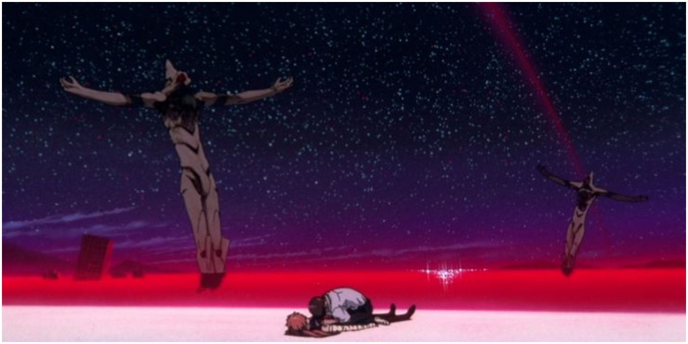 Shinji and Asuka on the shore at the finish of End of Evangelion