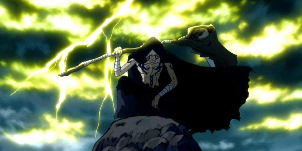 Erigor conjures lightning with his scythe in Fairy Tail