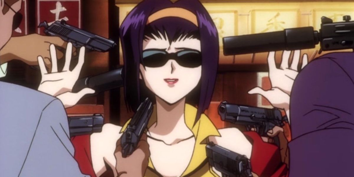 Faye surrounded by enemies pointing guns at her