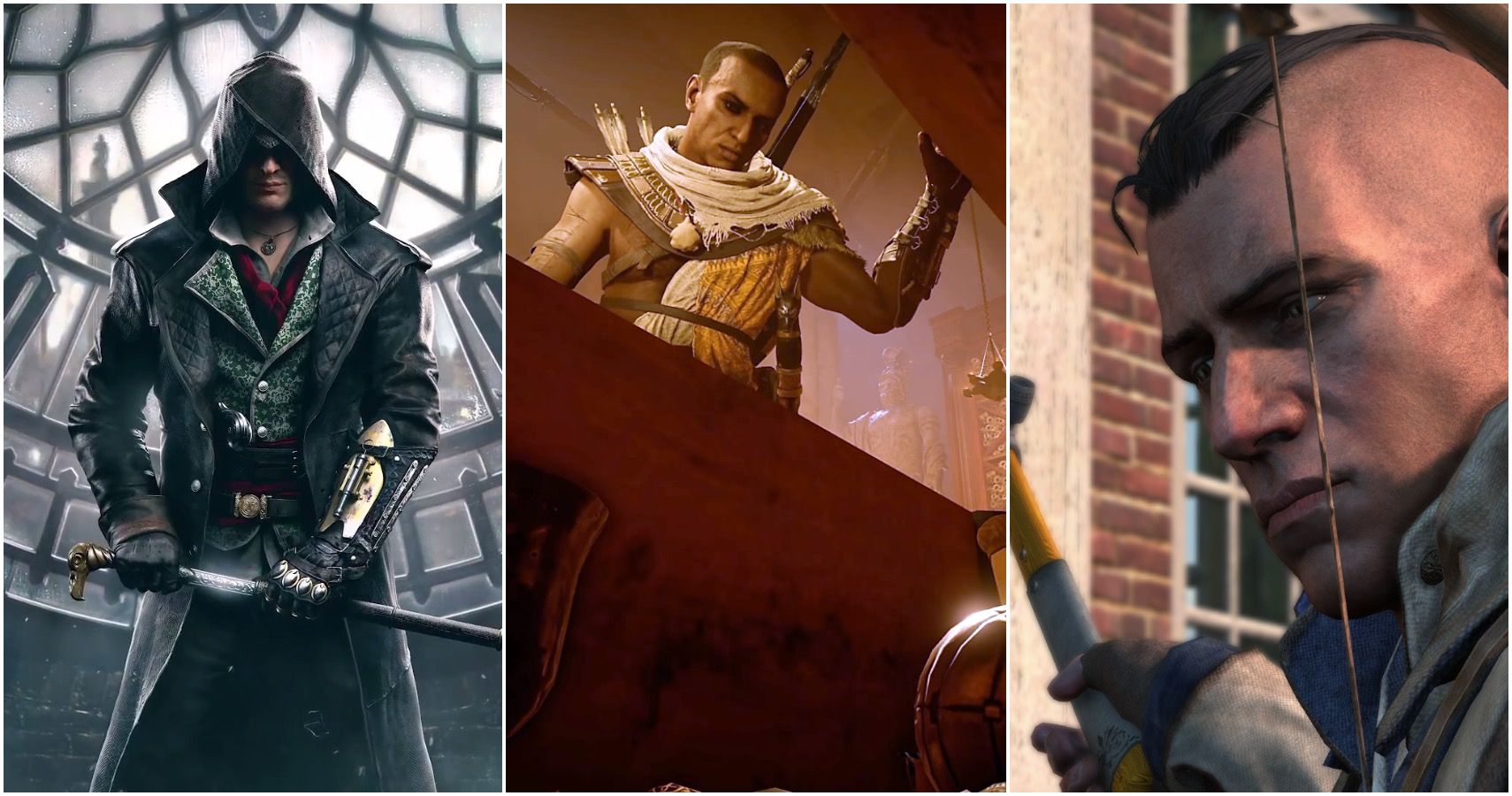 Jason Frye, Bayek, and Connor as their appear in their games