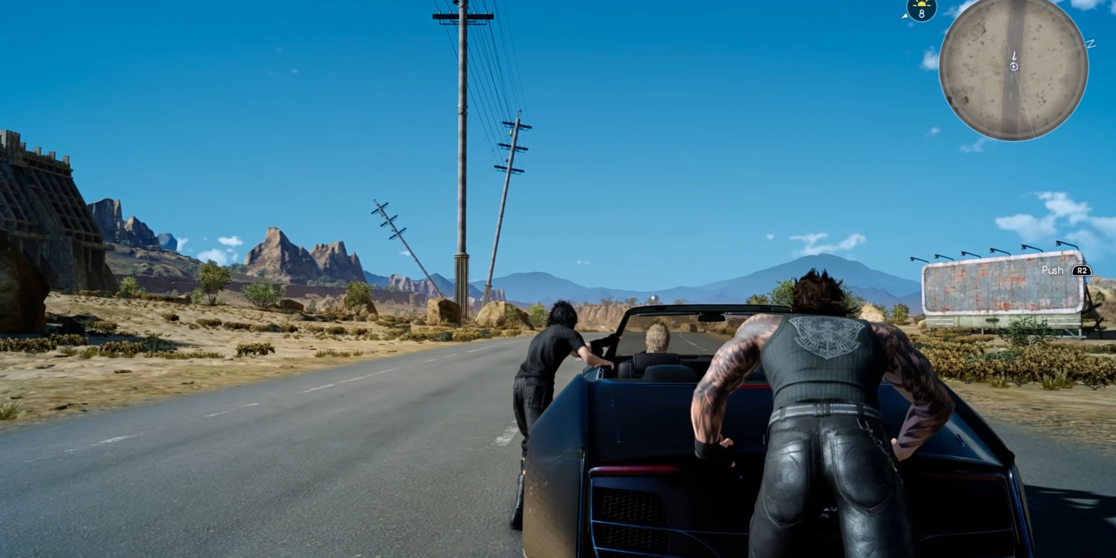 Noctis and crew Pushing the Regalia Car in Final Fantasy XV's open world