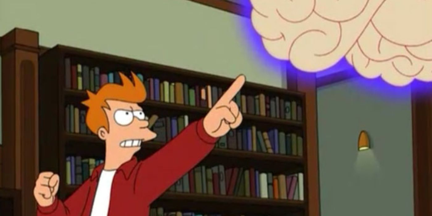 Fry fighting against a giant brain in Futurama