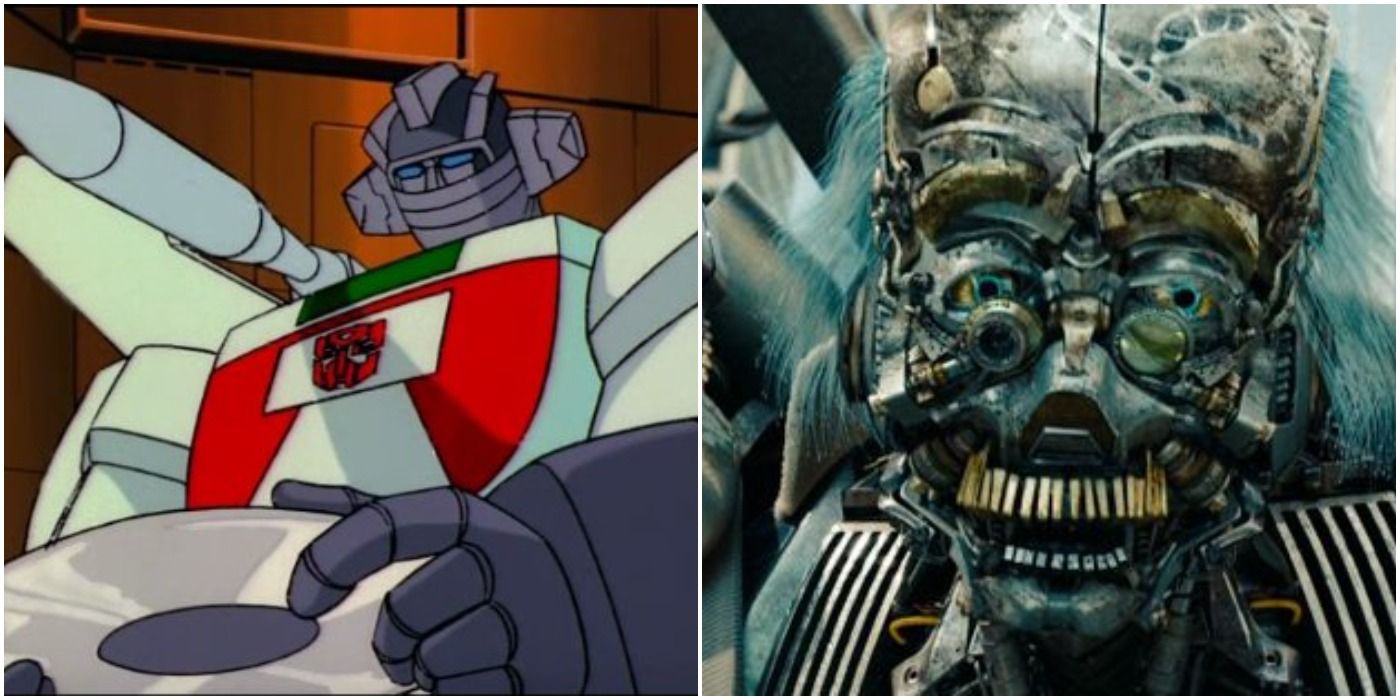 An image of Wheeljack from the G1Transformers series next to an image of a similar character from the live-action films. 
