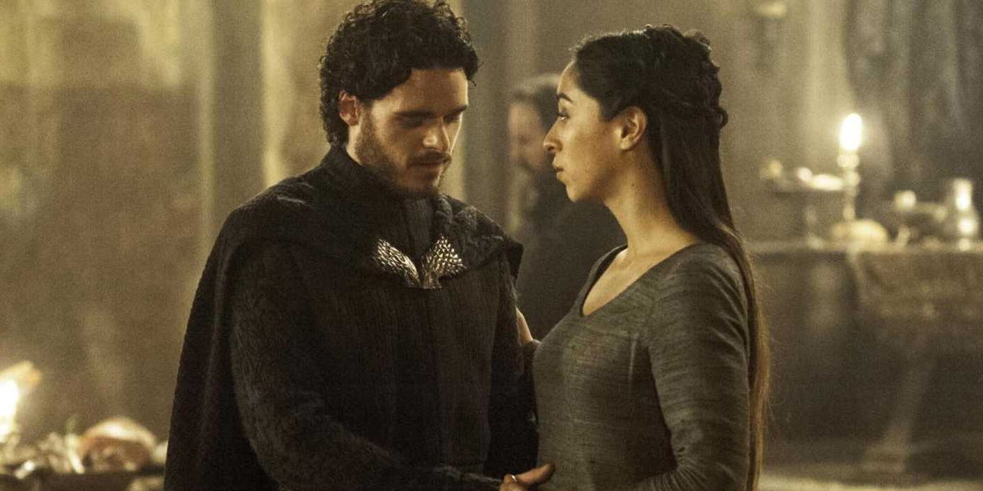 Robb Stark (played by Richard Madden) and Talisa at the Red Wedding in Game of Thrones.