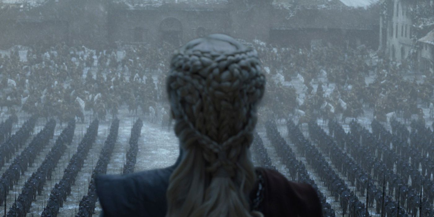 Daenerys Targaryen (Emilia Clarke) looks over her legions of troops after conquering King's Landing in the Game of Thrones series finale