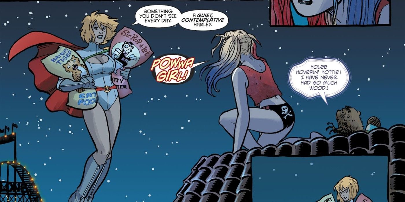 Harley Quinn And Power Girl Harley On The Roof In PJs Power Girl Flying Holding Cat Food Bag And Cat Litter