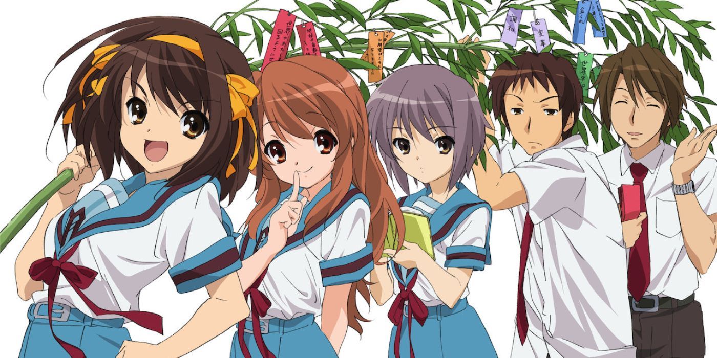 Five characters from The Disappearance of Haruhi Suzumiya