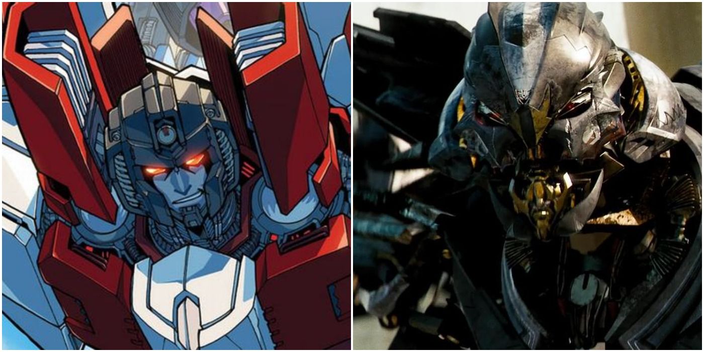 An image of Starscream from IDW's Transformers comics next to an image of Starscream from Michael Bay's films. 