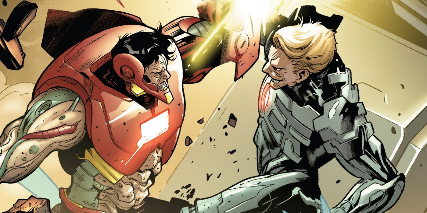 Iron Man in his Ultronbuster armor fights against Ultron Pym