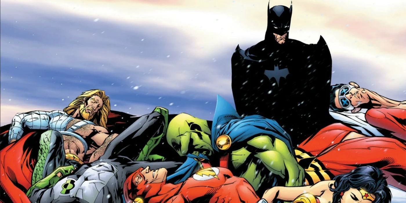 DC Comics' JLA Tower of Babel Batman stands over the fallen Justice League