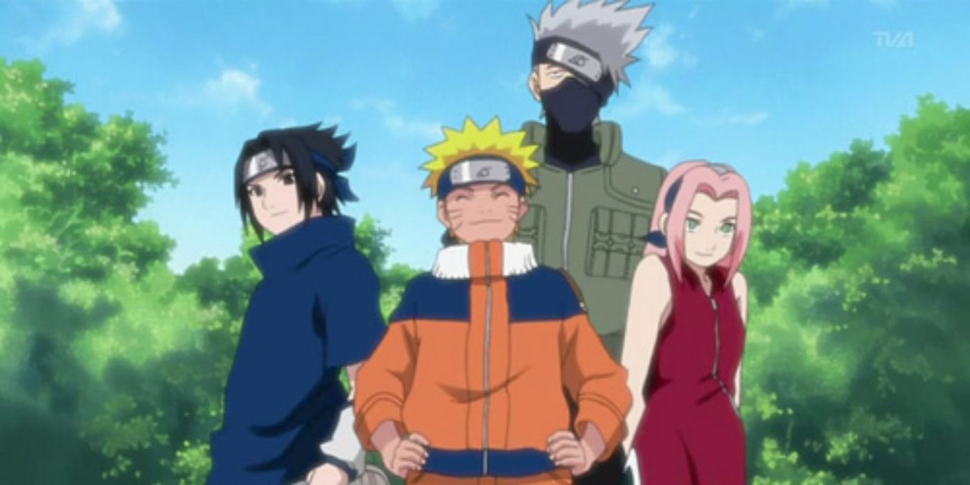 Kakashi, Sasuke, Naruto, and Sakura smiling together