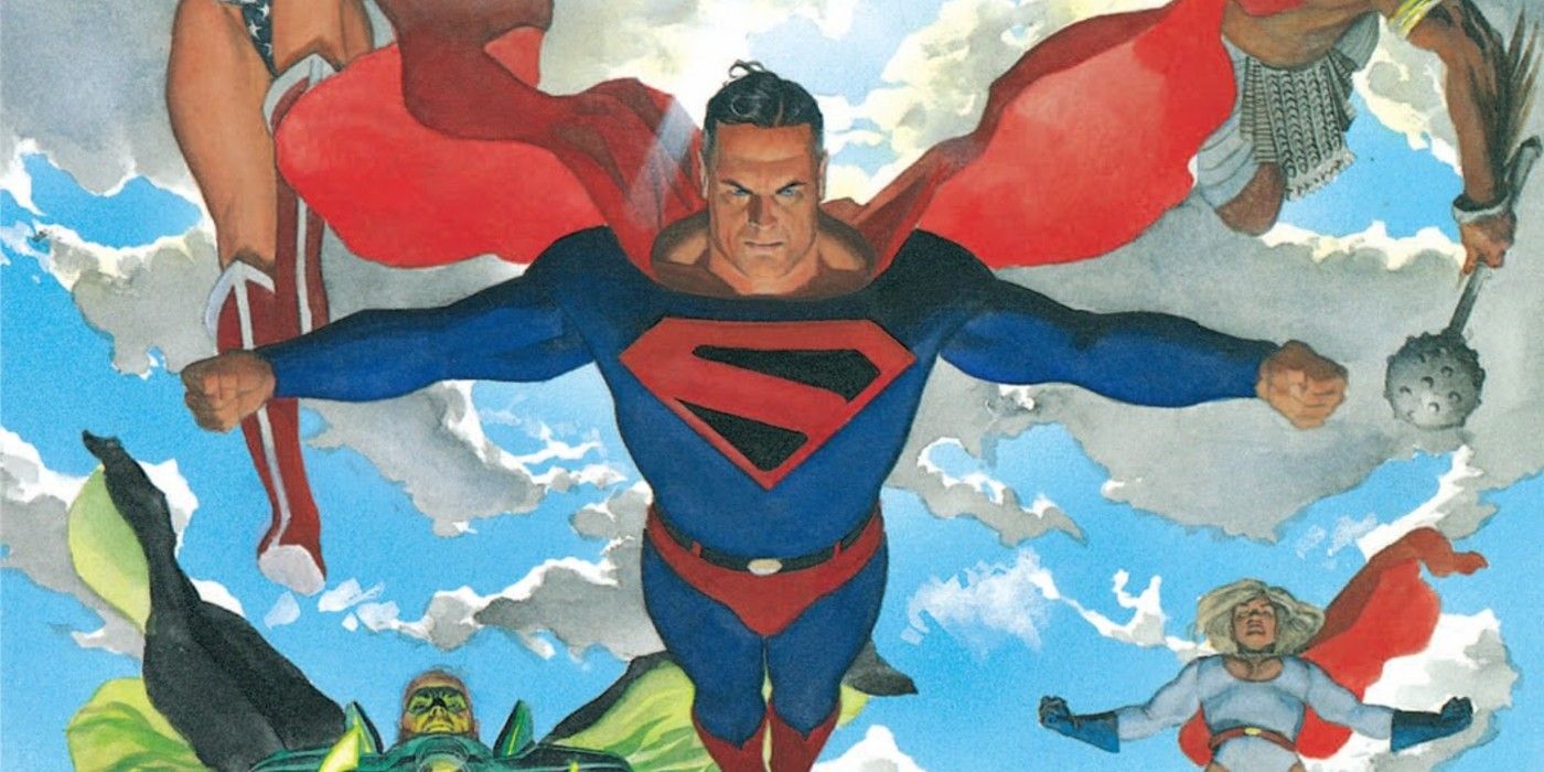 Superman flying with other heroes in Kingdom Come